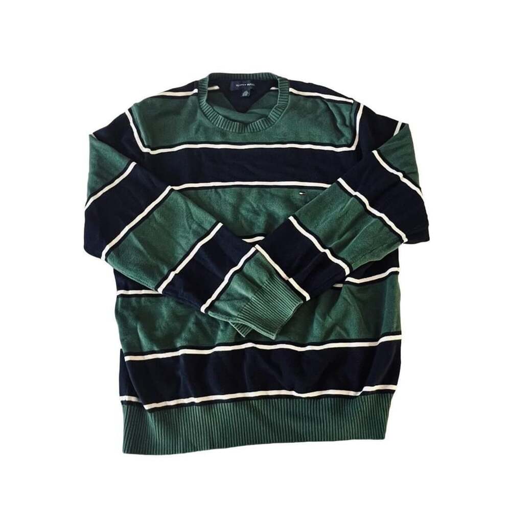 Tommy Hilfiger Men's Green Navy Blue Striped Cotton Crew Neck Sweater Size Large